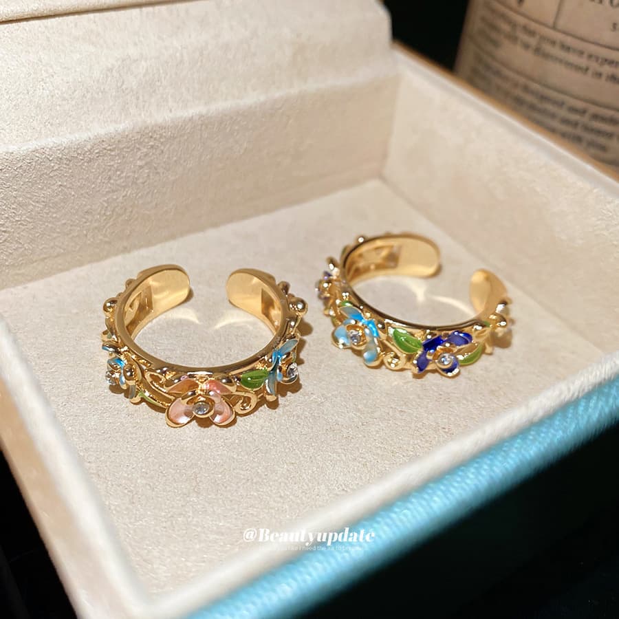 Anillo abierto vintage con flores y circón cúbico colorido