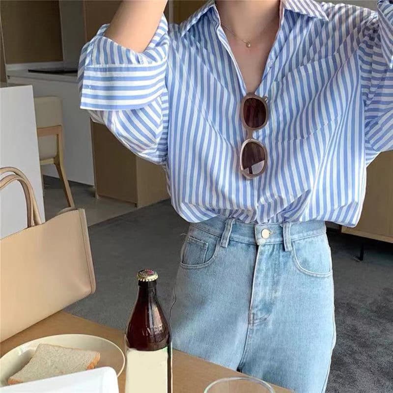 Blusa casual con rayas para mujer, manga larga