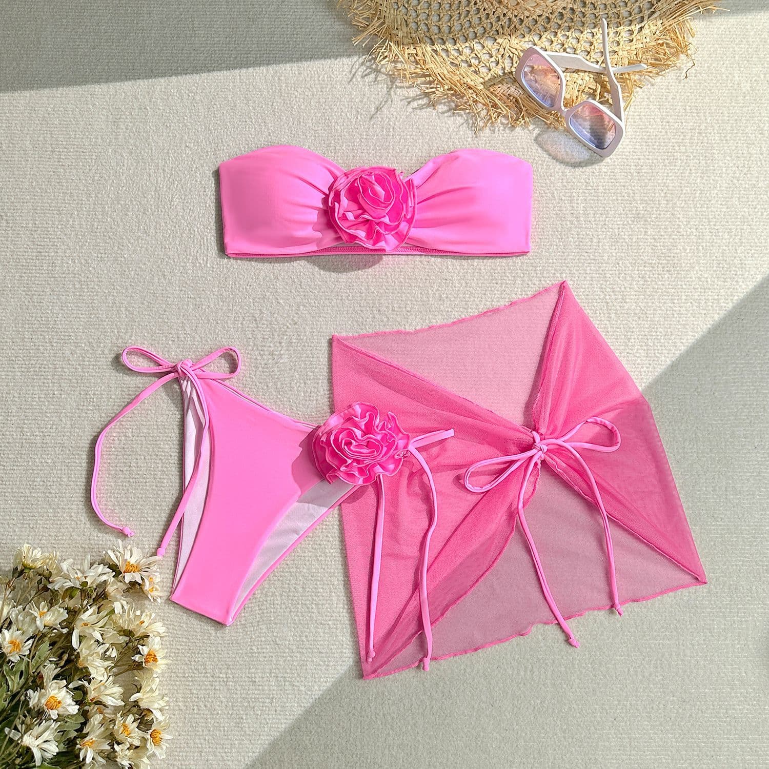 Traje de baño de tubo con flor 3D y falda incluida