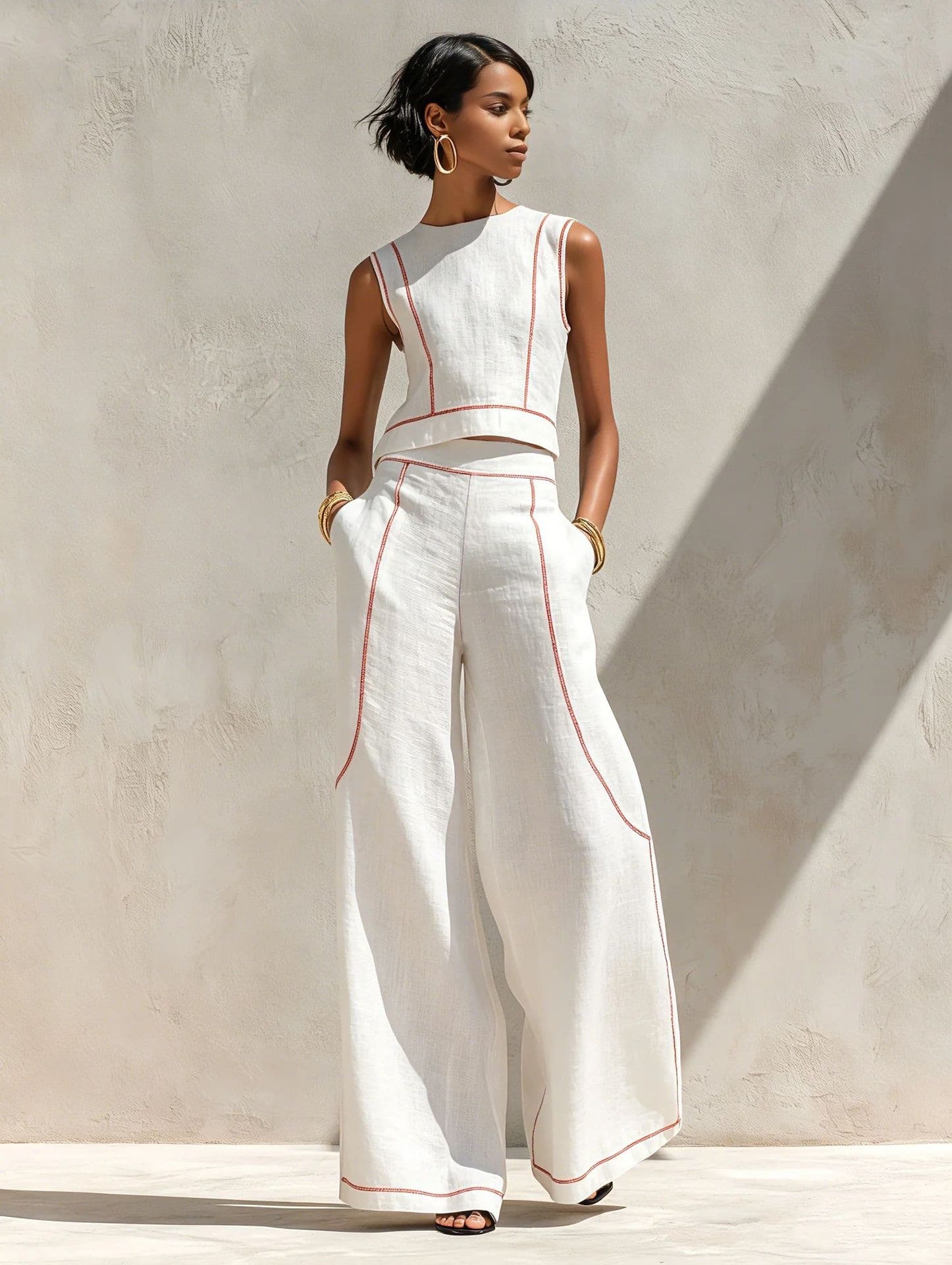 Conjunto sin mangas con bloques de color y pantalones anchos