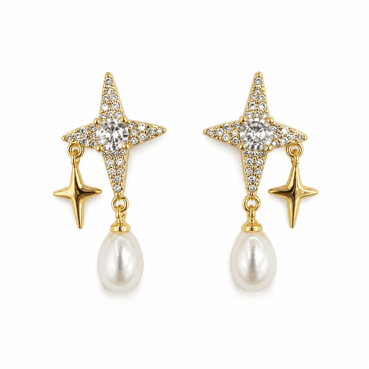 Aretes de perla con estrella de cuatro puntas y circonia