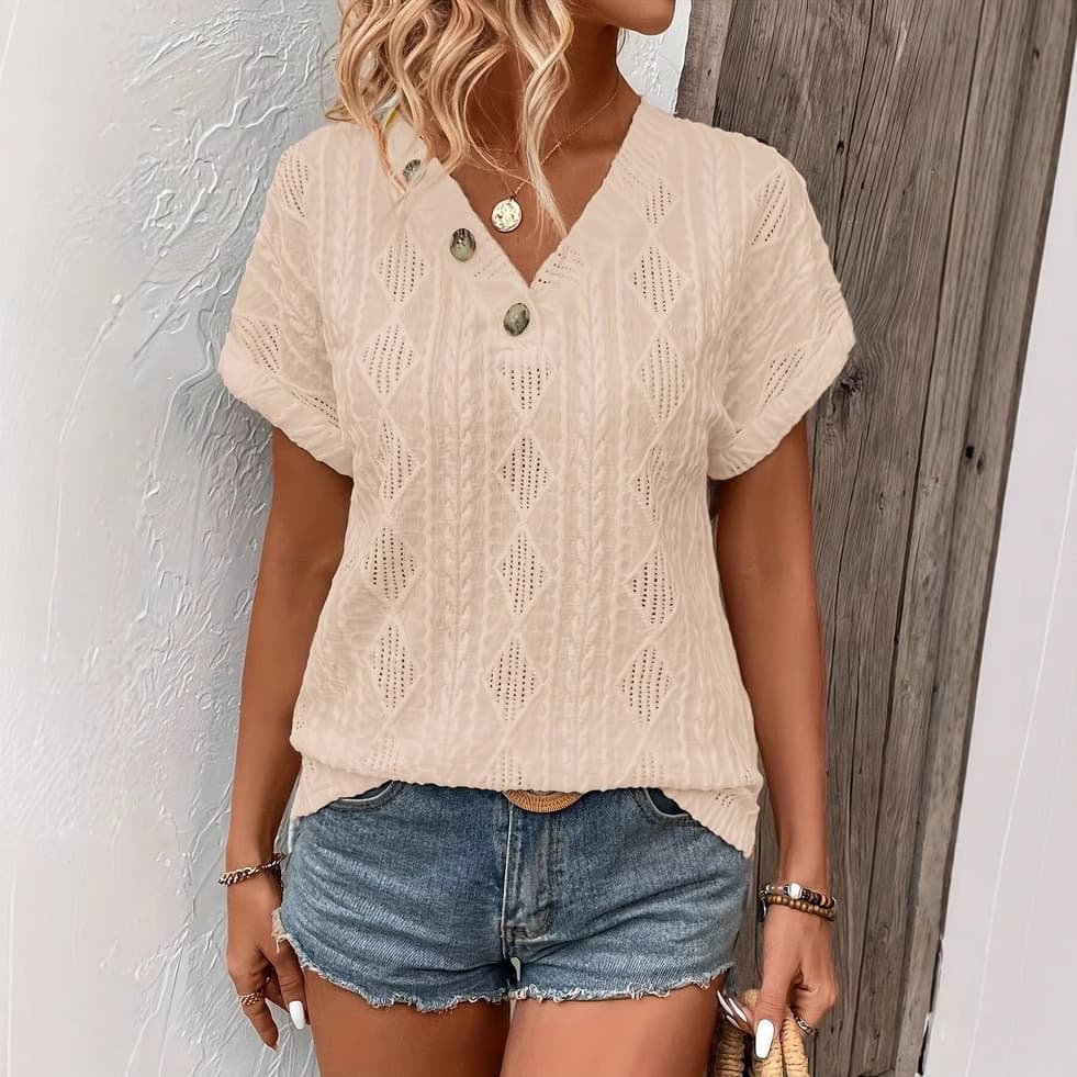 Blusa cuello V jacquard con botones para primavera