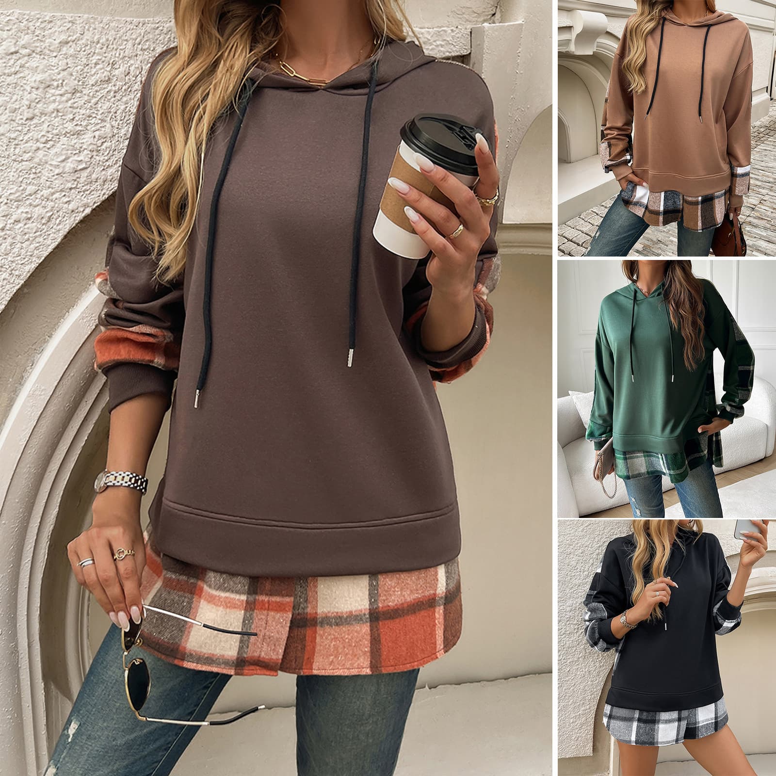 Hoodie oversized para mujer con patchwork a cuadros