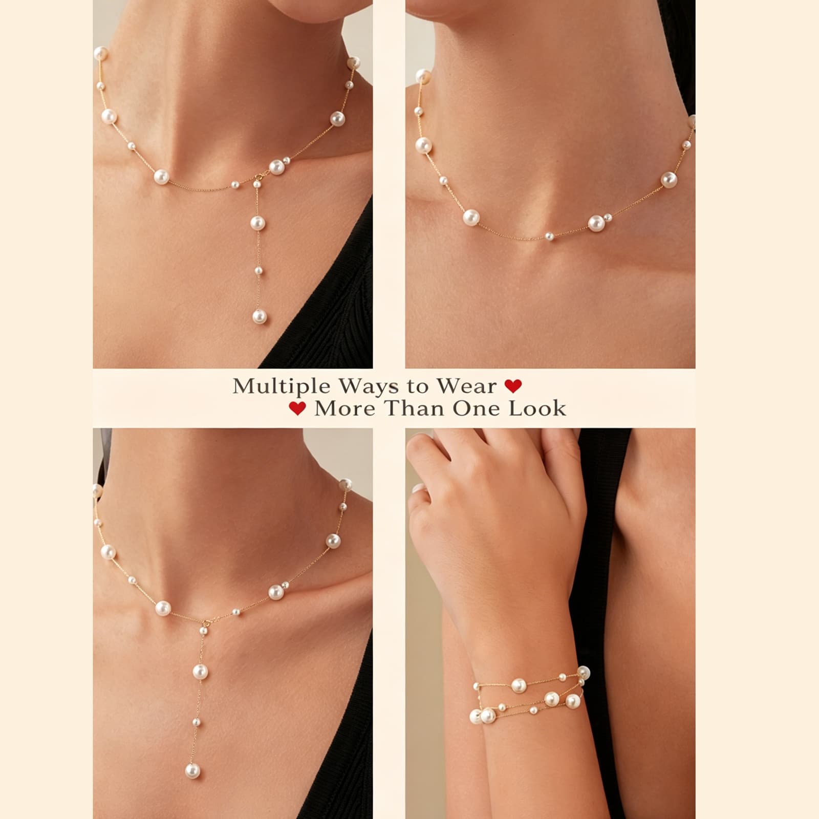 Collar ajustable de plata 999 con perla, 4 formas de usar