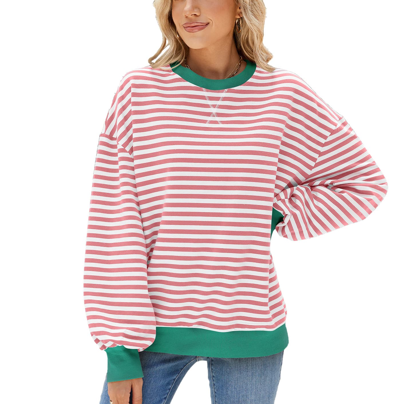 Sudadera mujer rayas contraste cuello redondo