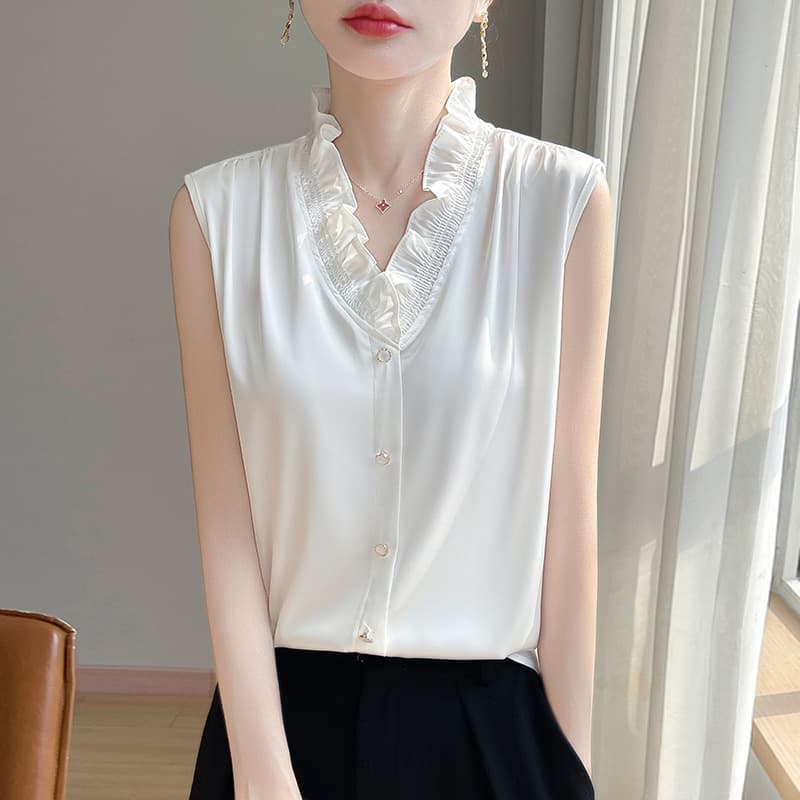 Camiseta acetato cuello V con volantes para mujer