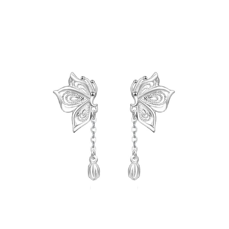 Pendientes mariposa plata con flecos estilo coreano