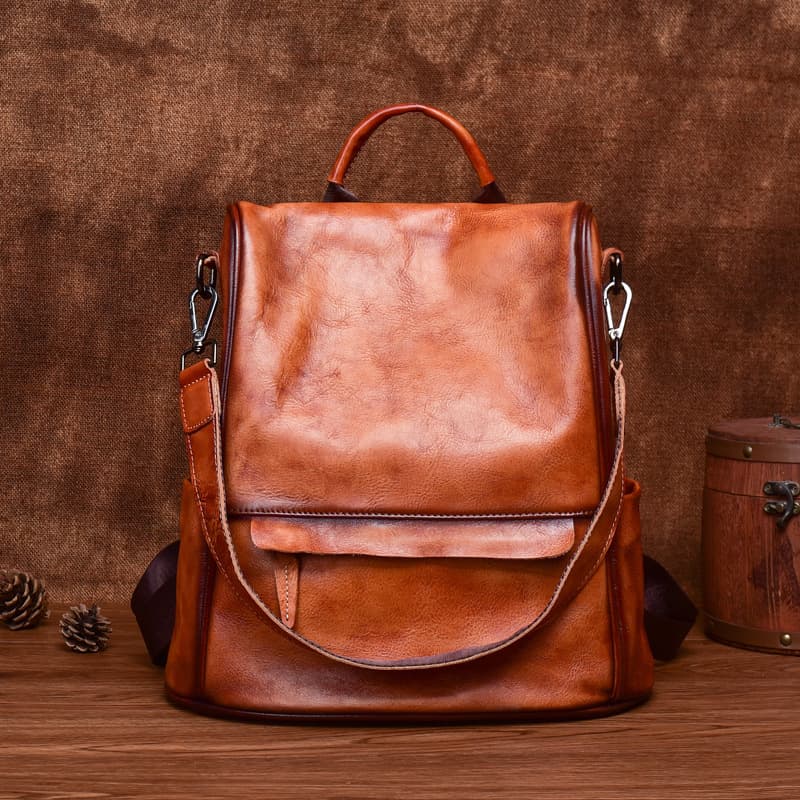Mochila de cuero genuino de gran capacidad con protección antirrobo