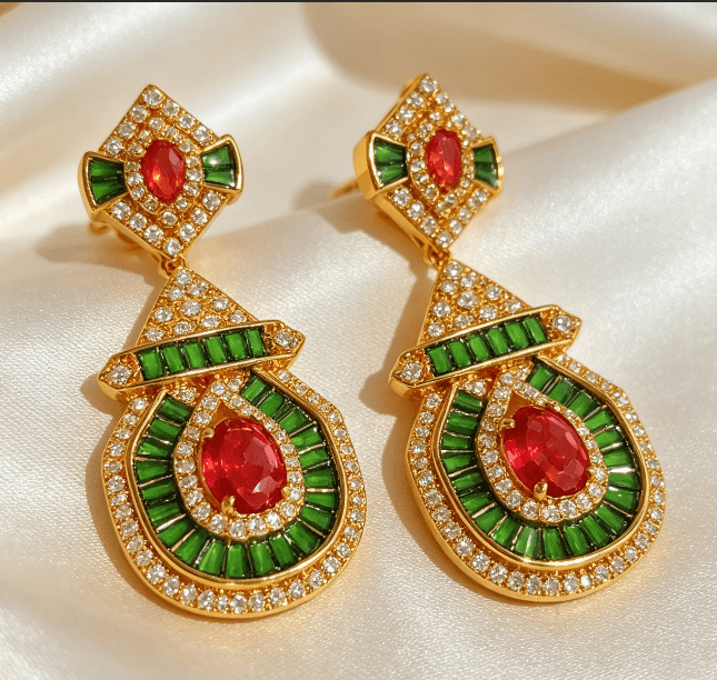 Aretes gota vintage palacio con circones rojo verde