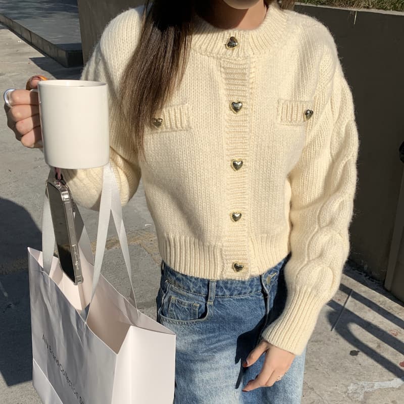 Cardigan punto trenzado con hebilla corazón para mujer, otoño