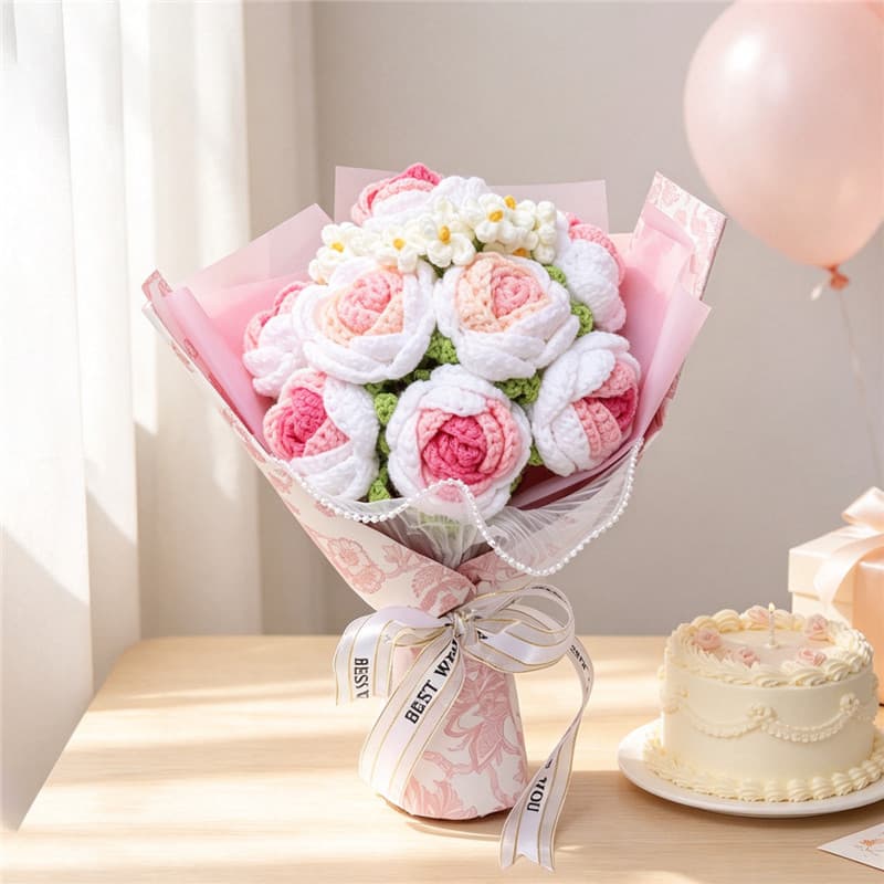 Ramo de rosas tejidas a mano, ramo eterno de ganchillo para regalo