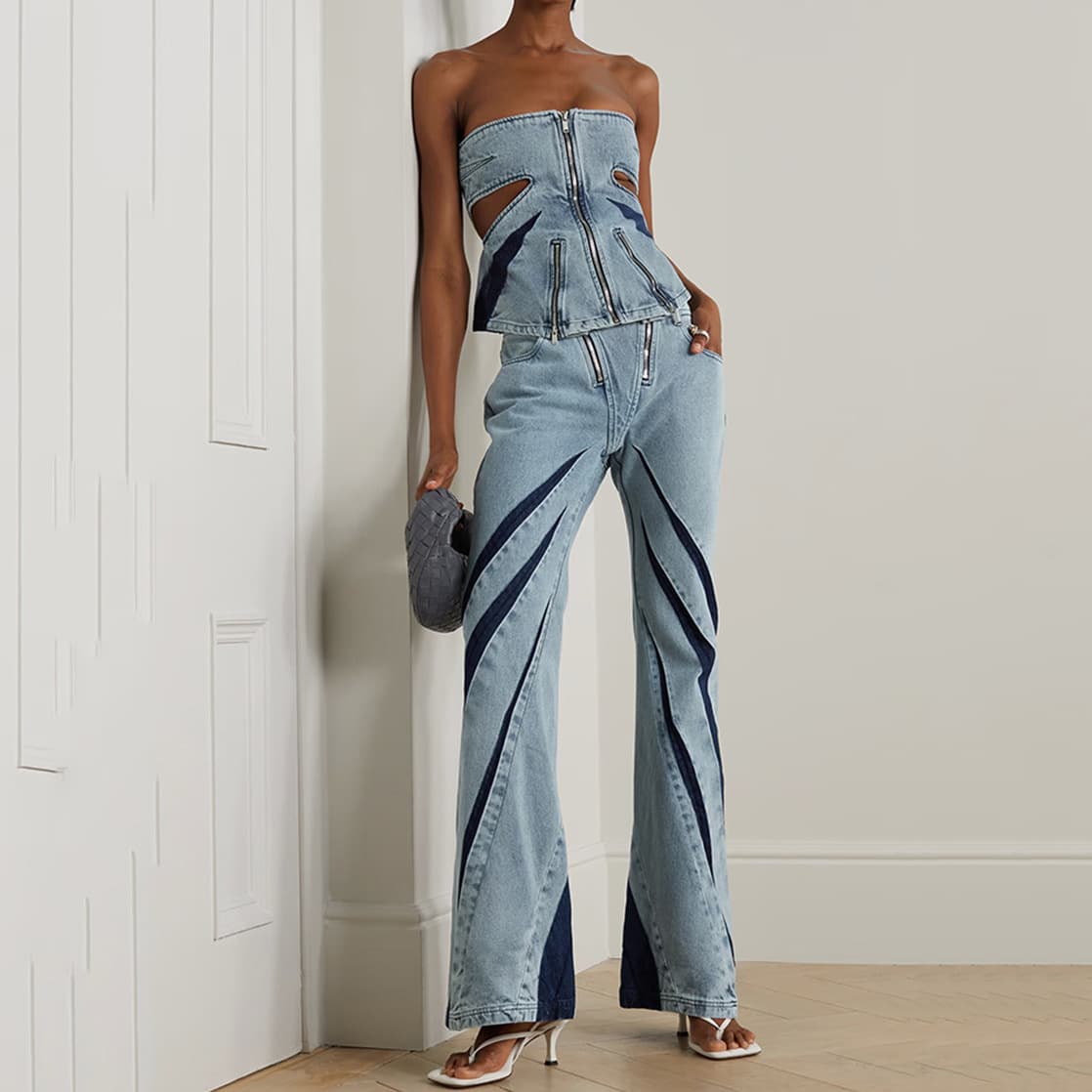 Conjunto de dos piezas de jeans con top sin tirantes y patchwork