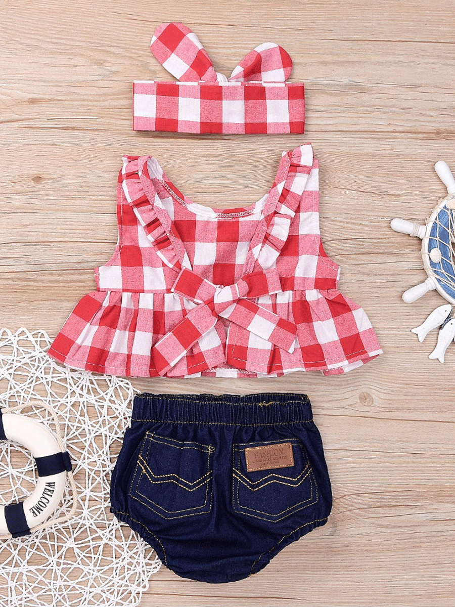 Conjunto 3 piezas para niño: blusa a cuadros, shorts y accesorios