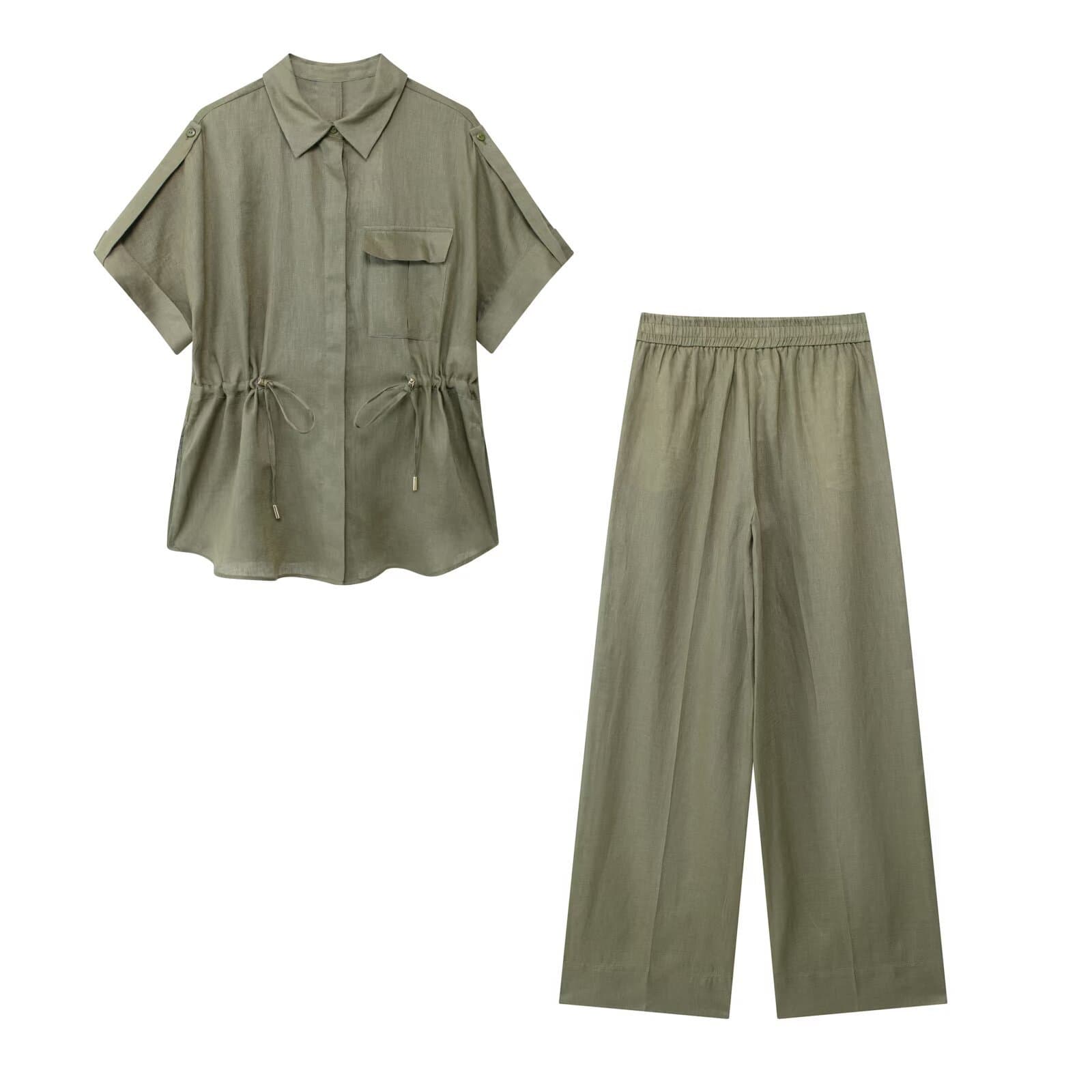 Traje de blusa y pantalones rectos con cintura ajustable