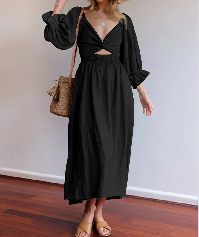 Vestido de largo medio con cuello en V y mangas linterna