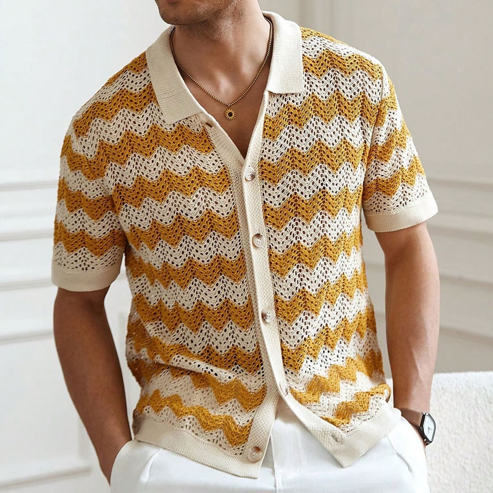Suéter de tencel manga corta con jacquard hueco
