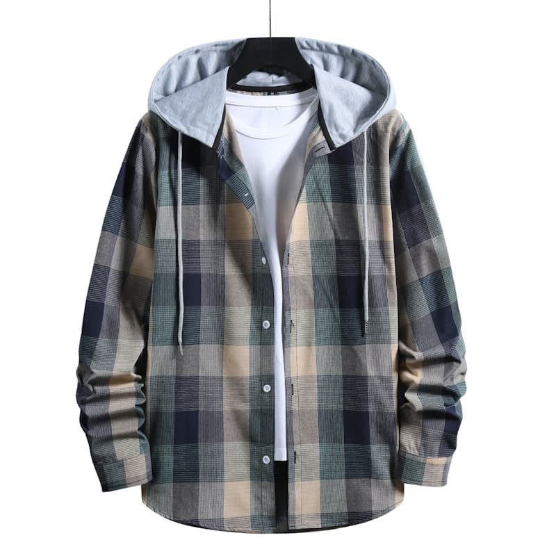 Camisa casual a cuadros con capucha para hombre