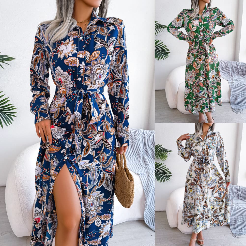 Vestido retro floral con cuello alzado y cinturón, manga larga