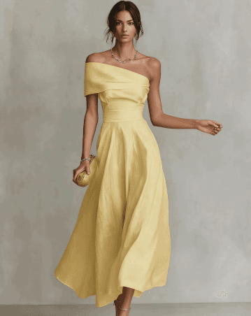 Vestido elegante sin espalda con un hombro y cintura marcada
