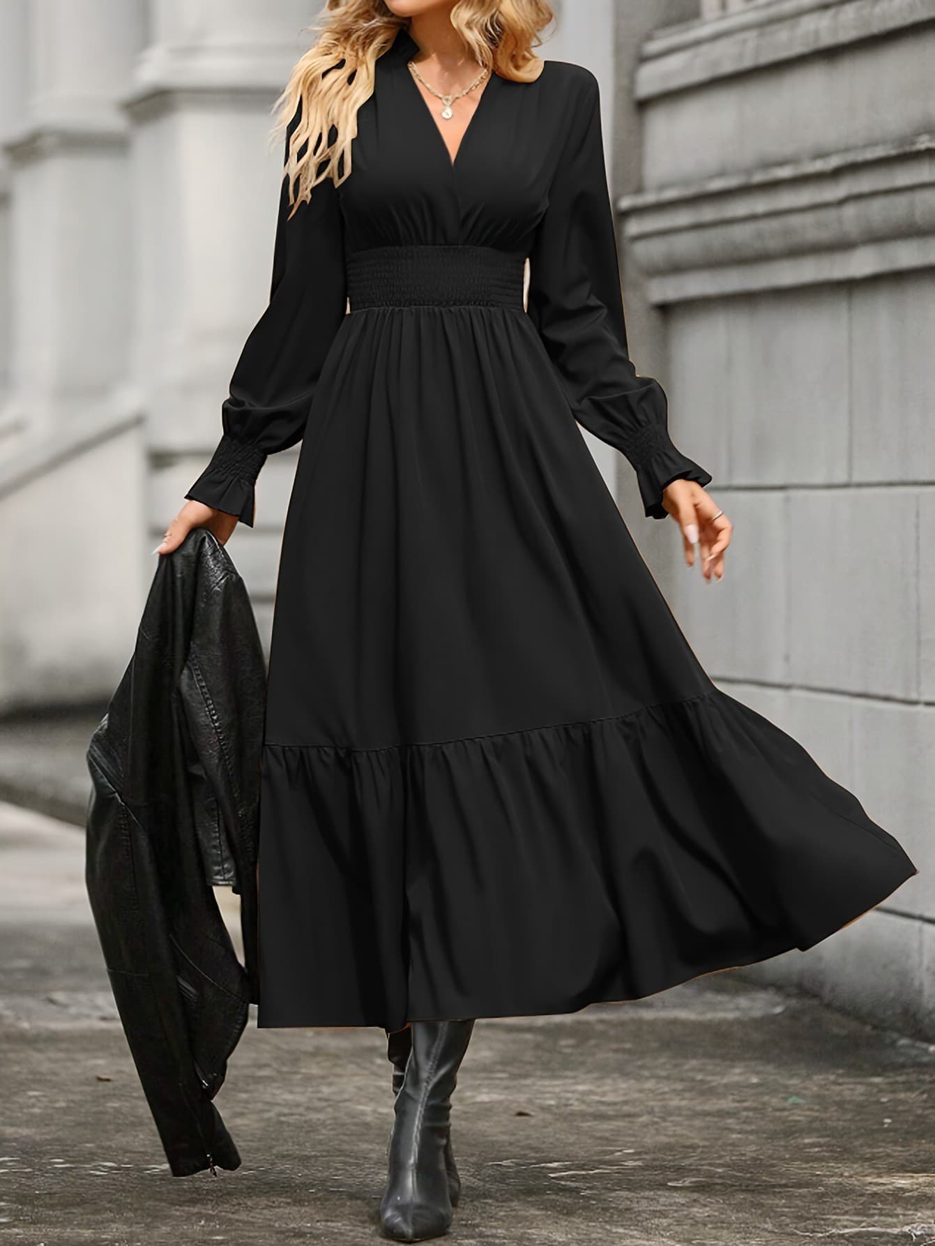 Vestido de cuello V con mangas tipo linterna