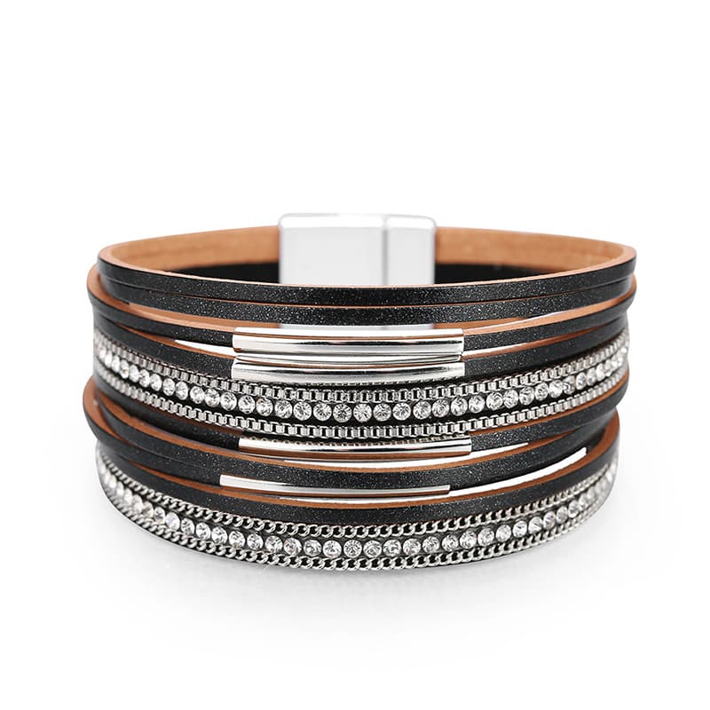 Pulsera de cuero con cadena delgada y cristales