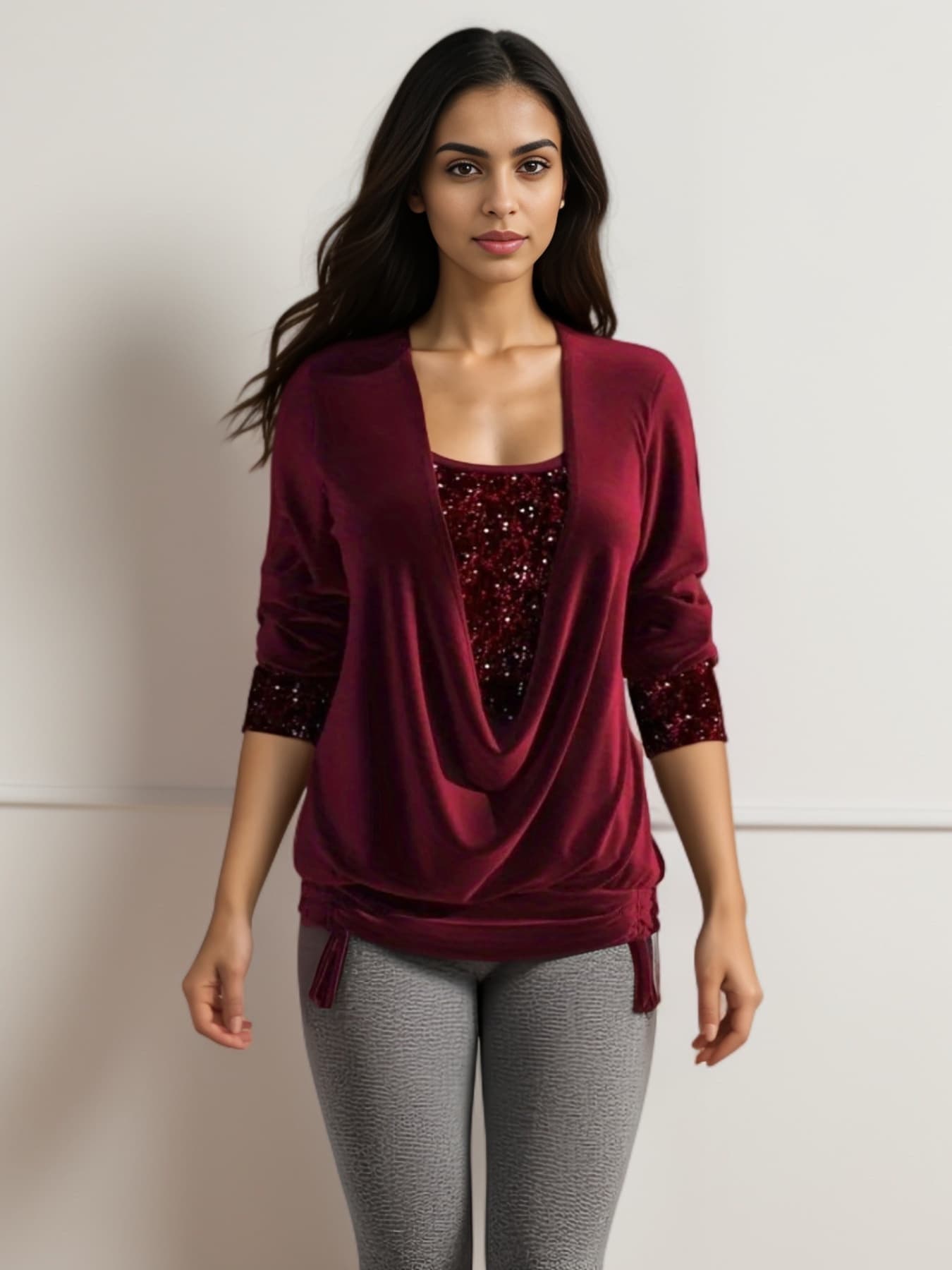Blusa larga con lentejuelas y cuello caído para mujer
