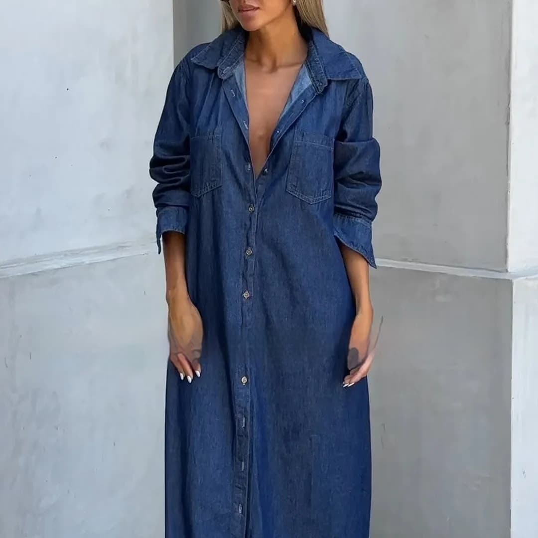 Vestido largo de mezclilla con cuello solapa