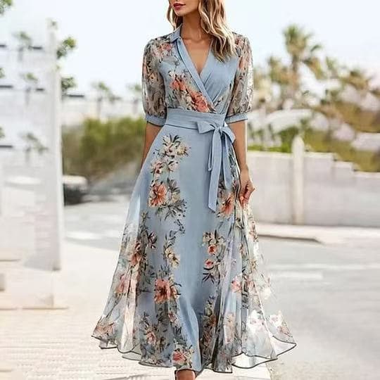 Vestido de gasa impreso con mangas cortas y cinturón
