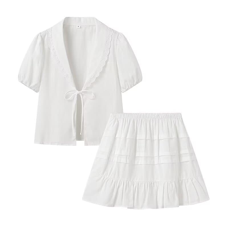 Conjunto de cardigan con solapa de encaje y falda corta con cutouts