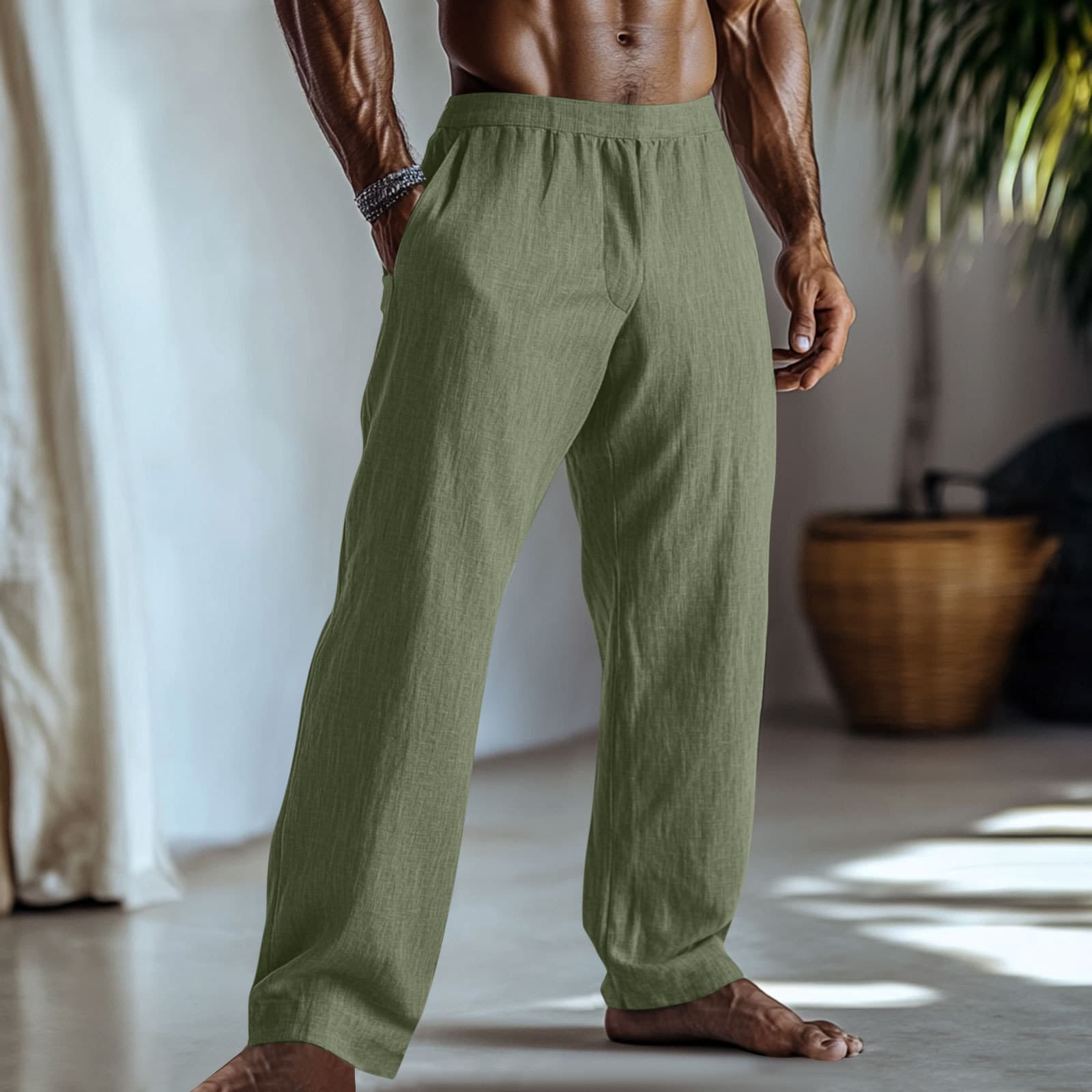 Pantalones casuales algodón y lino con bolsillos