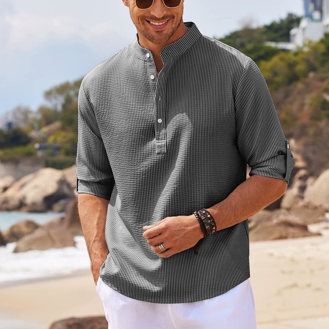 Camisa manga larga cuello parado color sólido para hombre