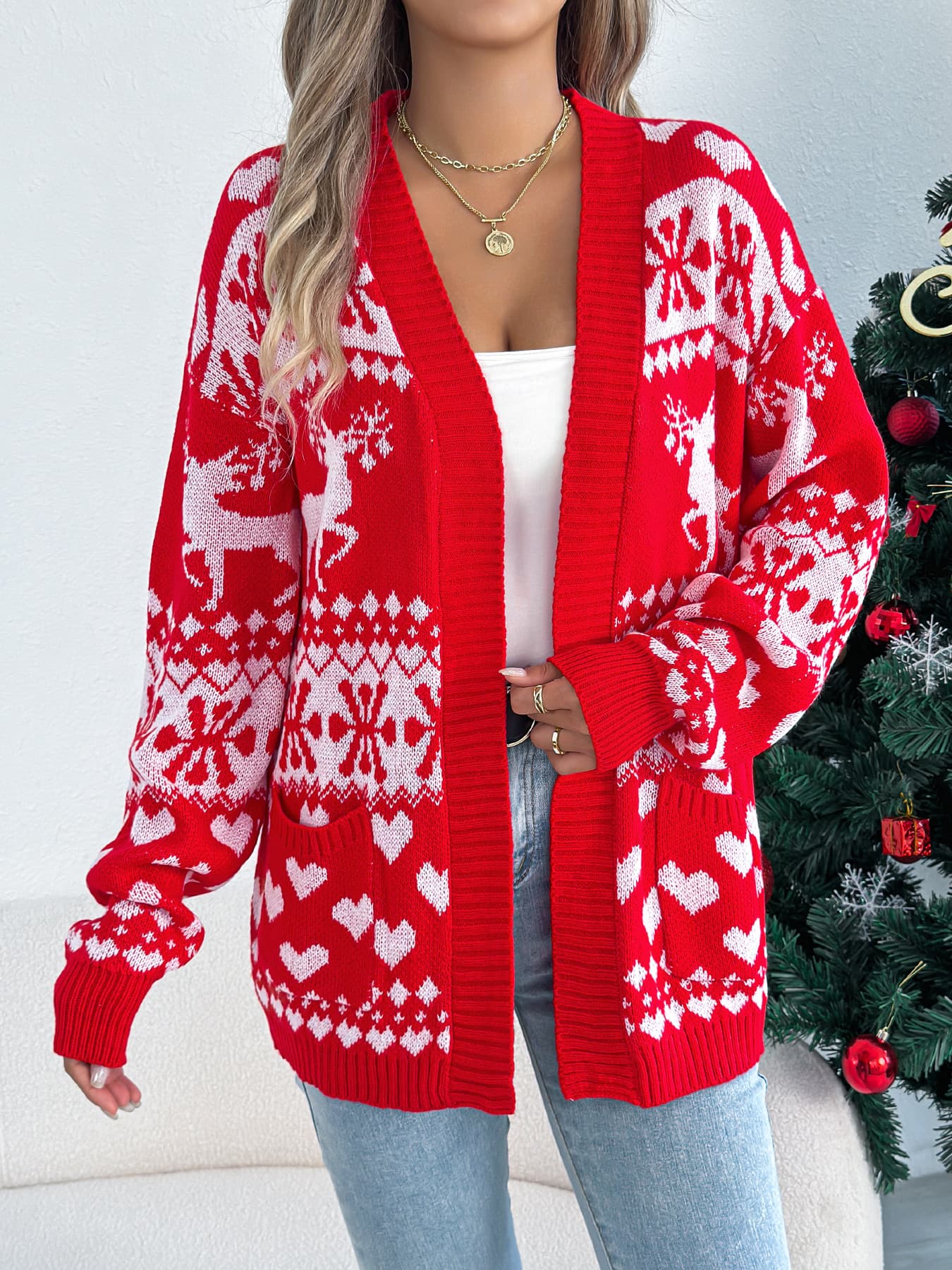 Cardigan navideño de venado con bolsillos para mujer