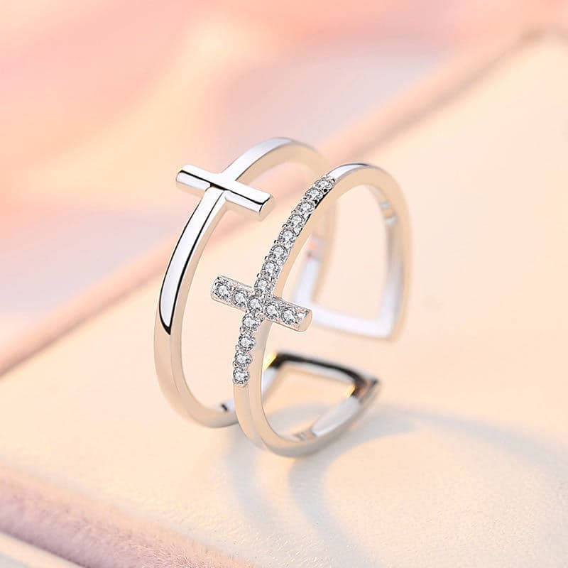 Anillo cobre doble cruz miniatura con circón