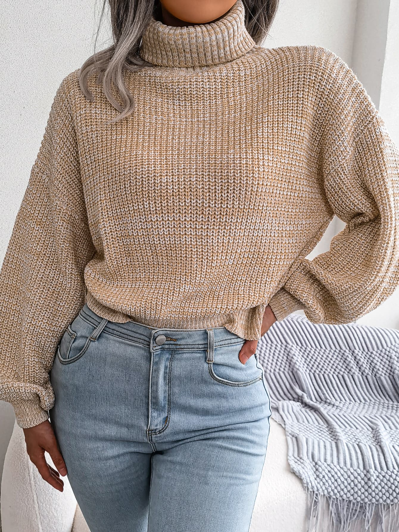 Suéter cuello tortuga para mujer mangas farol
