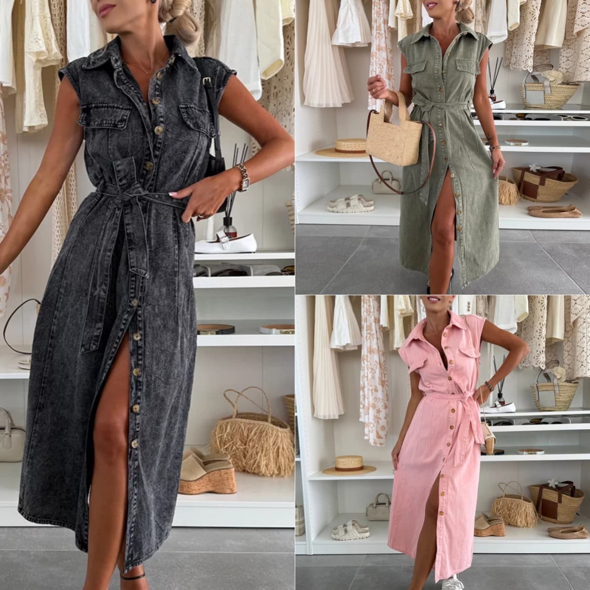 Vestido mujer denim sin mangas con bolsillos