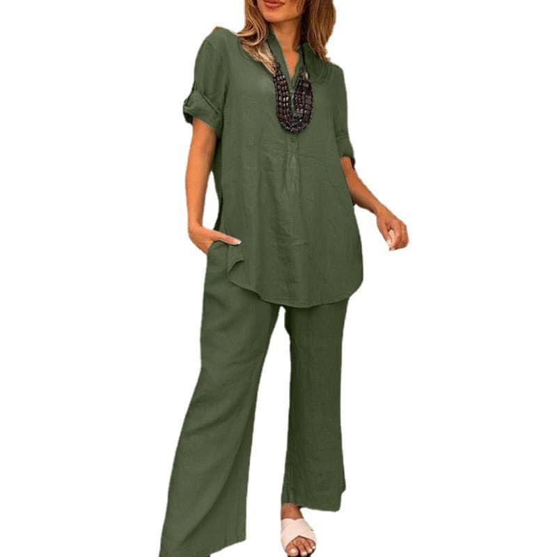 Conjunto de blusa con cuello V y pantalones de pierna ancha