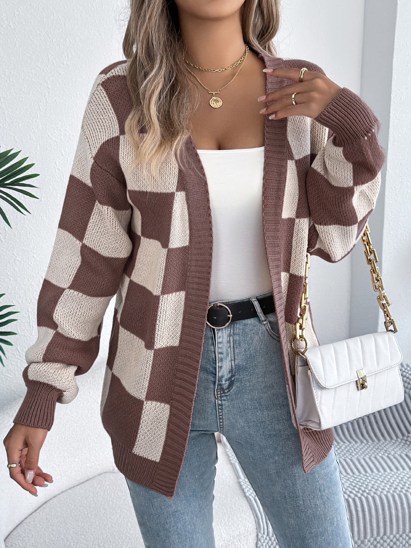 Cardigan cuadros manga linterna color blocking