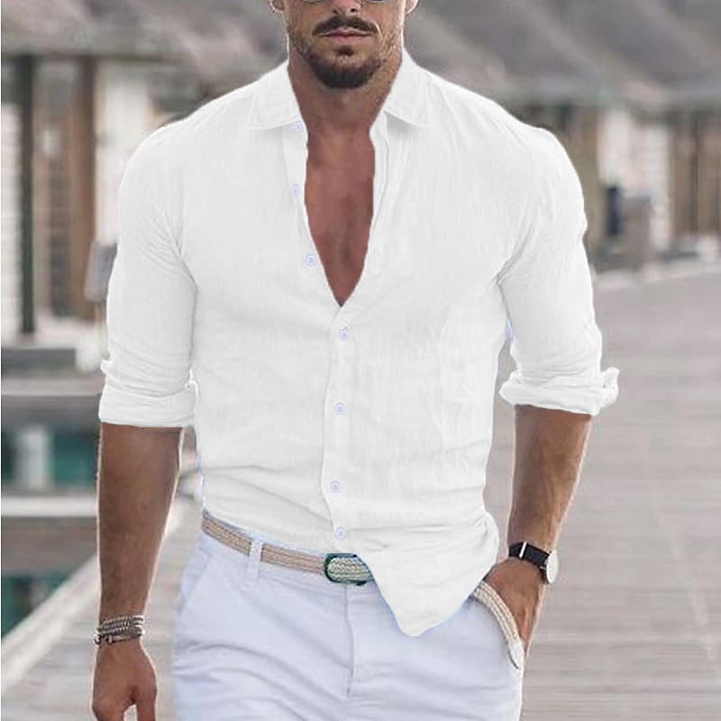Camisa de playa hombre verano algodón lino manga larga