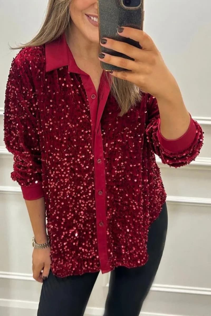 Camisa mujer con lentejuelas solapa manga larga