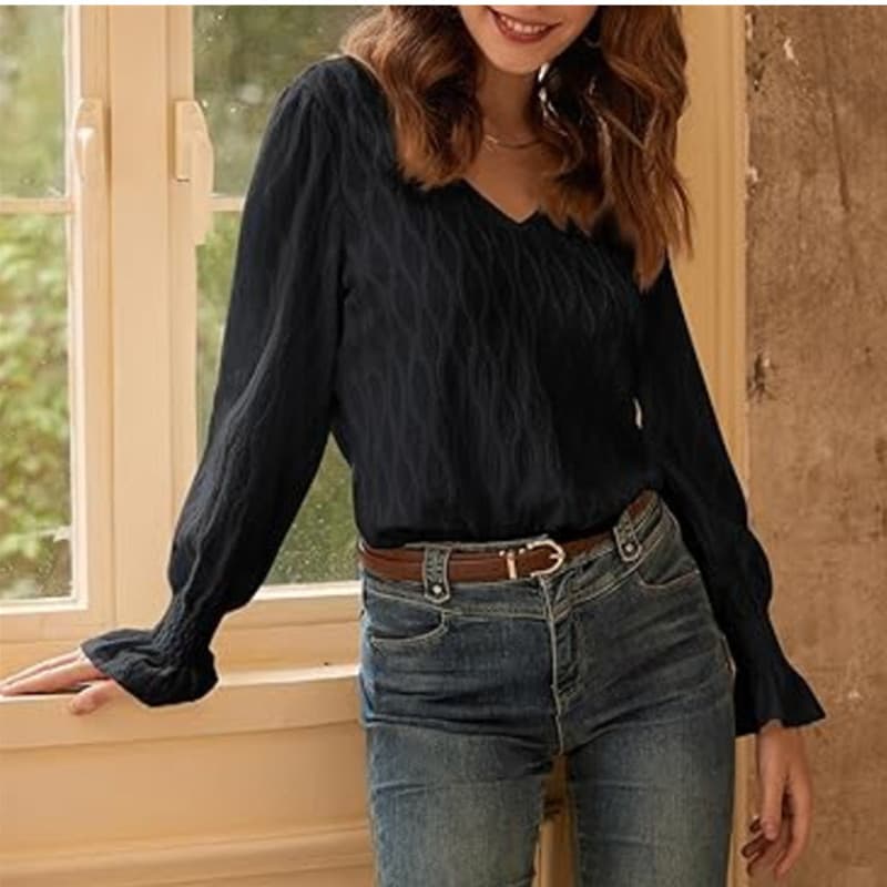 Blusa mujer escote V manga larga fruncida elegante