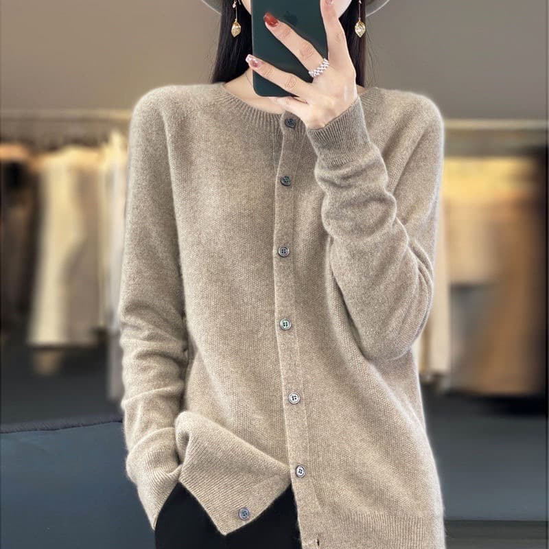 Cardigan de lana merino cuello redondo para mujer manga larga
