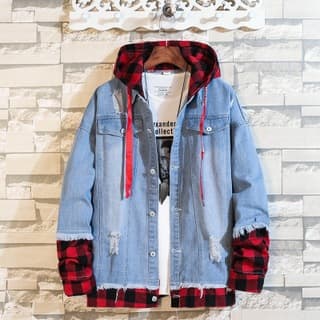 Chaqueta denim con capucha y cuadros contrastantes