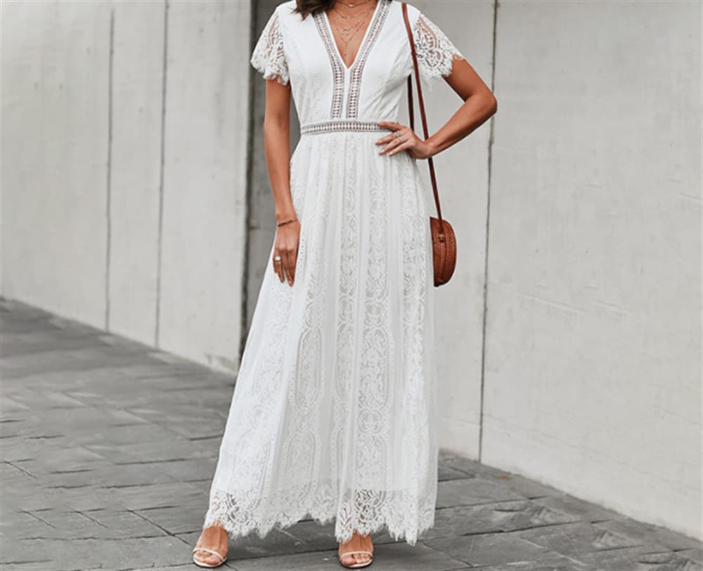 Vestido largo de encaje sólido con cintura alta