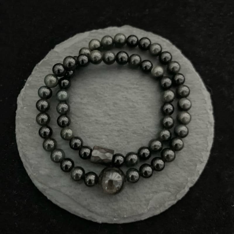 Pulsera elástica doble capa de piedra y plata retro