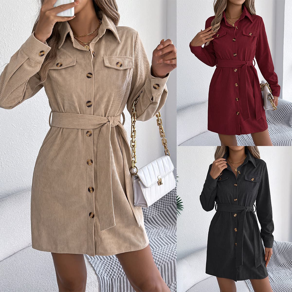Vestido camisa de pana color sólido manga larga con cordones