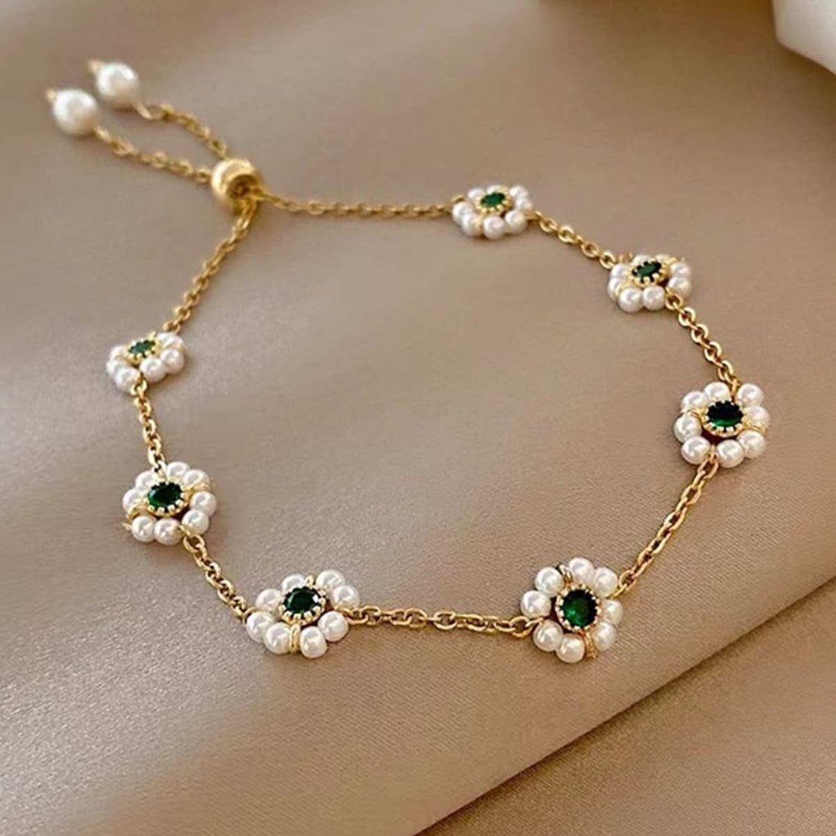 Pulsera de perlas con flores, cadena ajustable