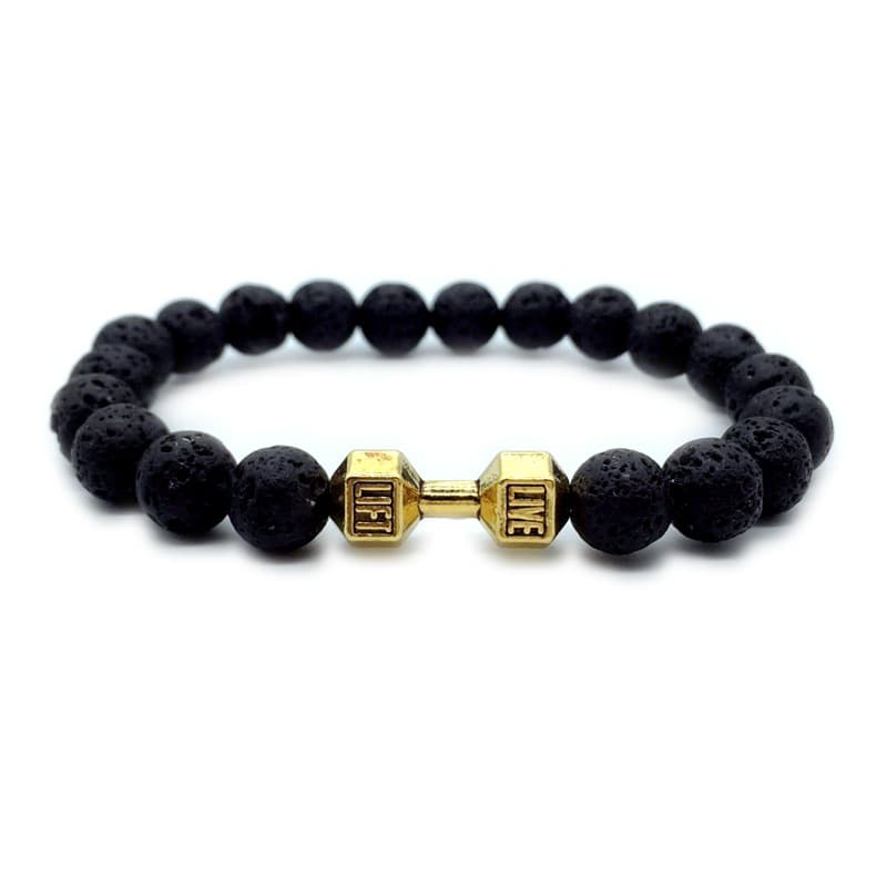 Pulsera de mancuerna con piedra volcánica negra elástica