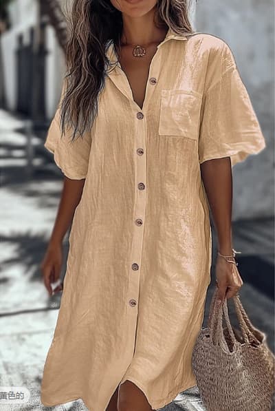 Vestido camisa suelto de manga corta con botones para mujer