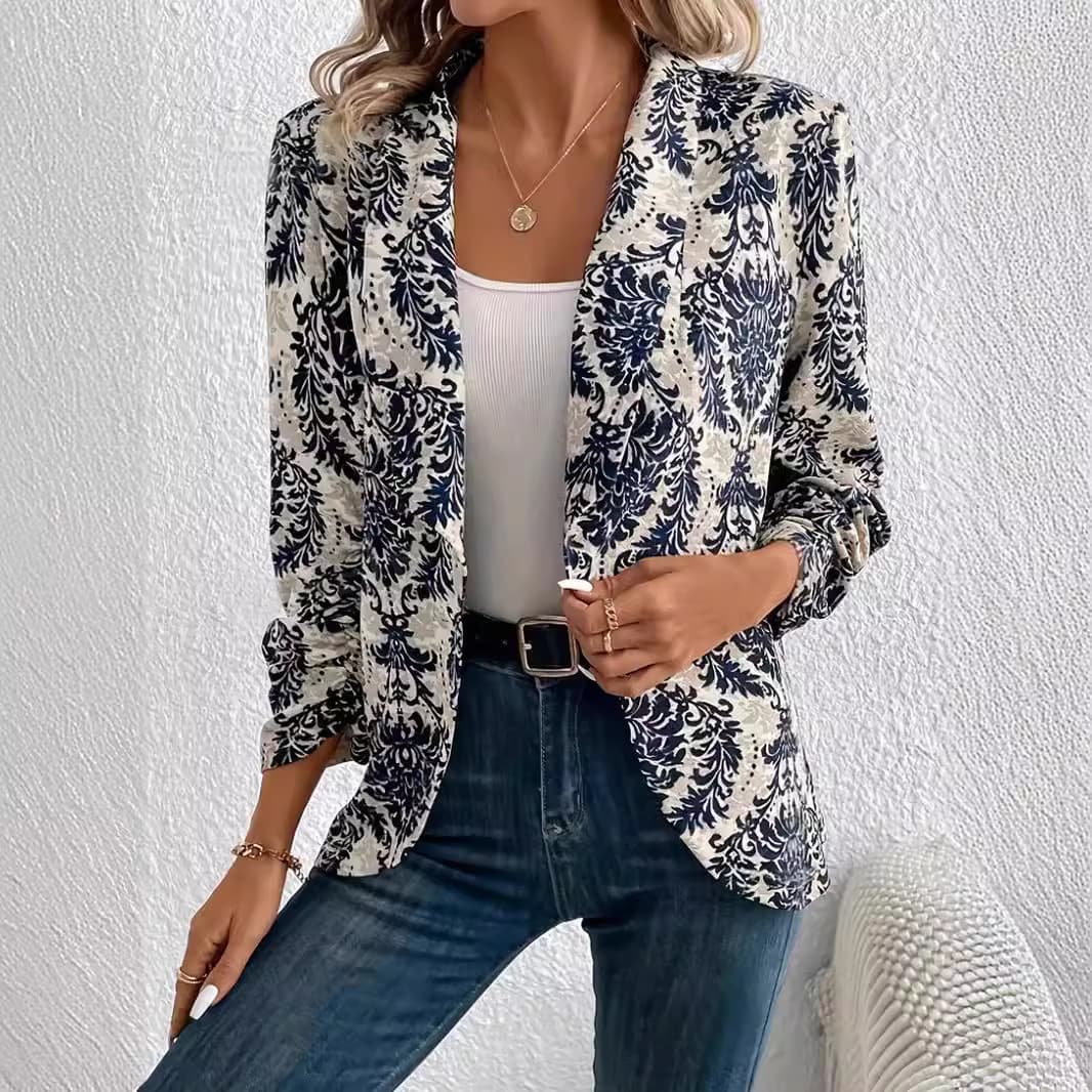 Cardigan elegante con solapas, estampado y mangas largas