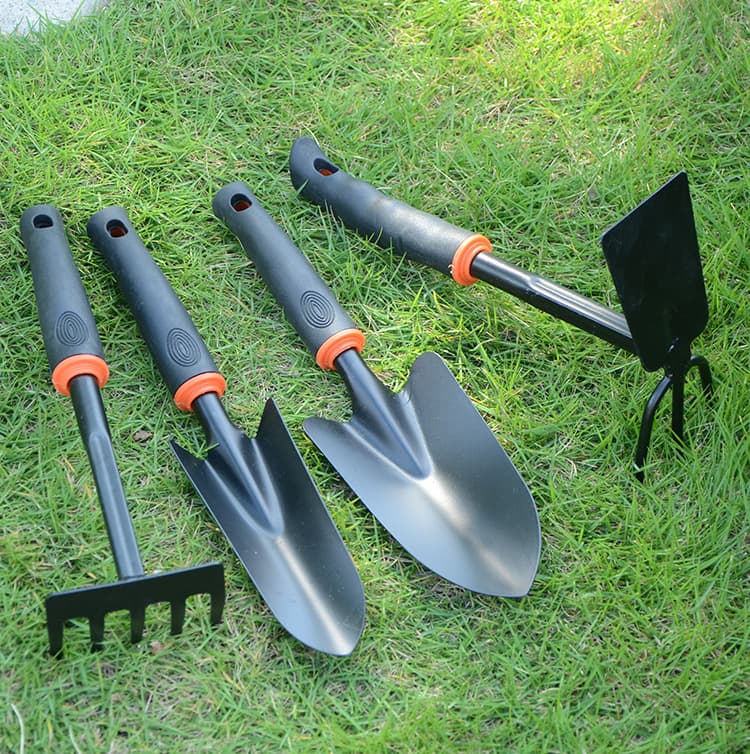 Juego de herramientas para jardinería con pala, rastrillo y azadón